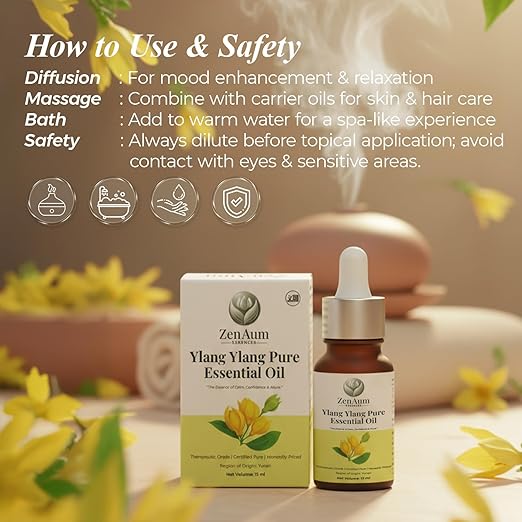 100% Natural Ylang Ylang Therapeutic Grade Essential Oil | 15ml | Stress Relief, Skin & Hair Care, Aromatherapy | Sourced from Yunan | GMP, ISO & IFRA Certified