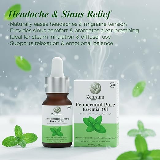 100% Natural Peppermint Therapeutic Grade Essential Oil | 15ml | Headache & Sinus Relief, Mental Clarity & Aromatherapy | Sourced from India | GMP, ISO & IFRA Certified