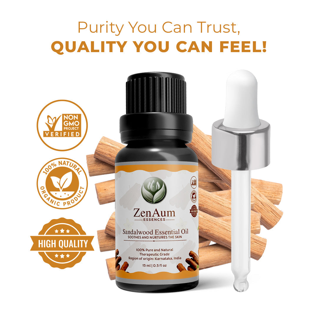 ZenAum Essences Pure Sandalwood Essential Oil | 100% Natural & Therapeutic Grade | Relaxation, Skincare, and Aromatherapy | 15ml