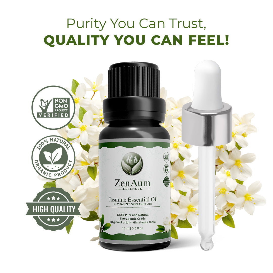 ZenAum Essences Pure Jasmine Essential Oil | 100% Natural & Therapeutic Grade | Relaxation, Skin Care, Heart Chakra Balance, and Aromatherapy | 15ml